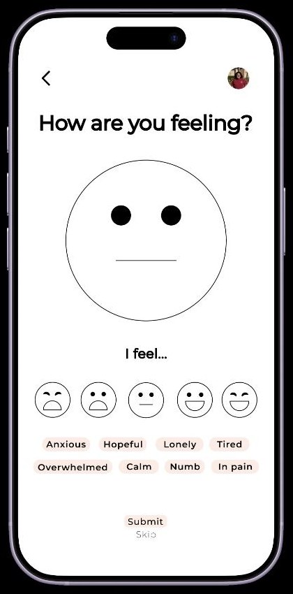 HealthHarmony prototype screen asking How are you feeling, with emoji faces and feeling tags like Anxious, Hopeful, Calm