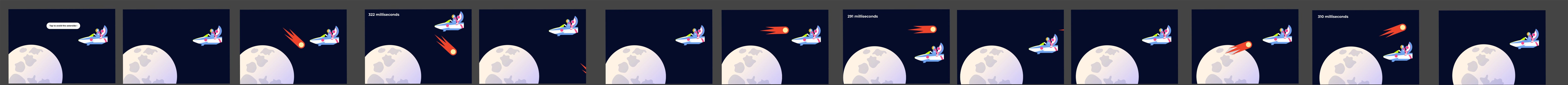 Space storyboard: a rocket near the moon dodging incoming meteors, with reaction times shown