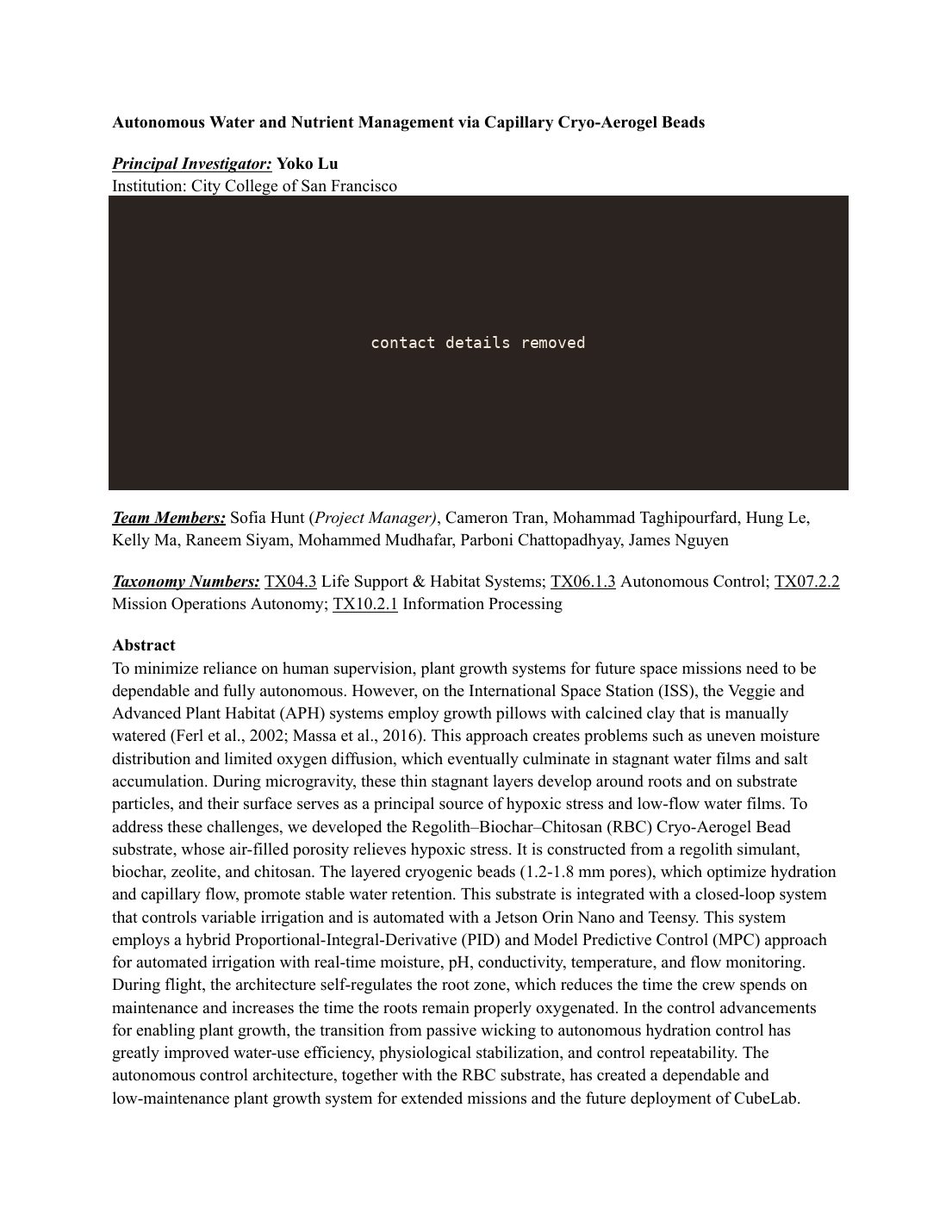 Proposal page 1: Title, team and abstract